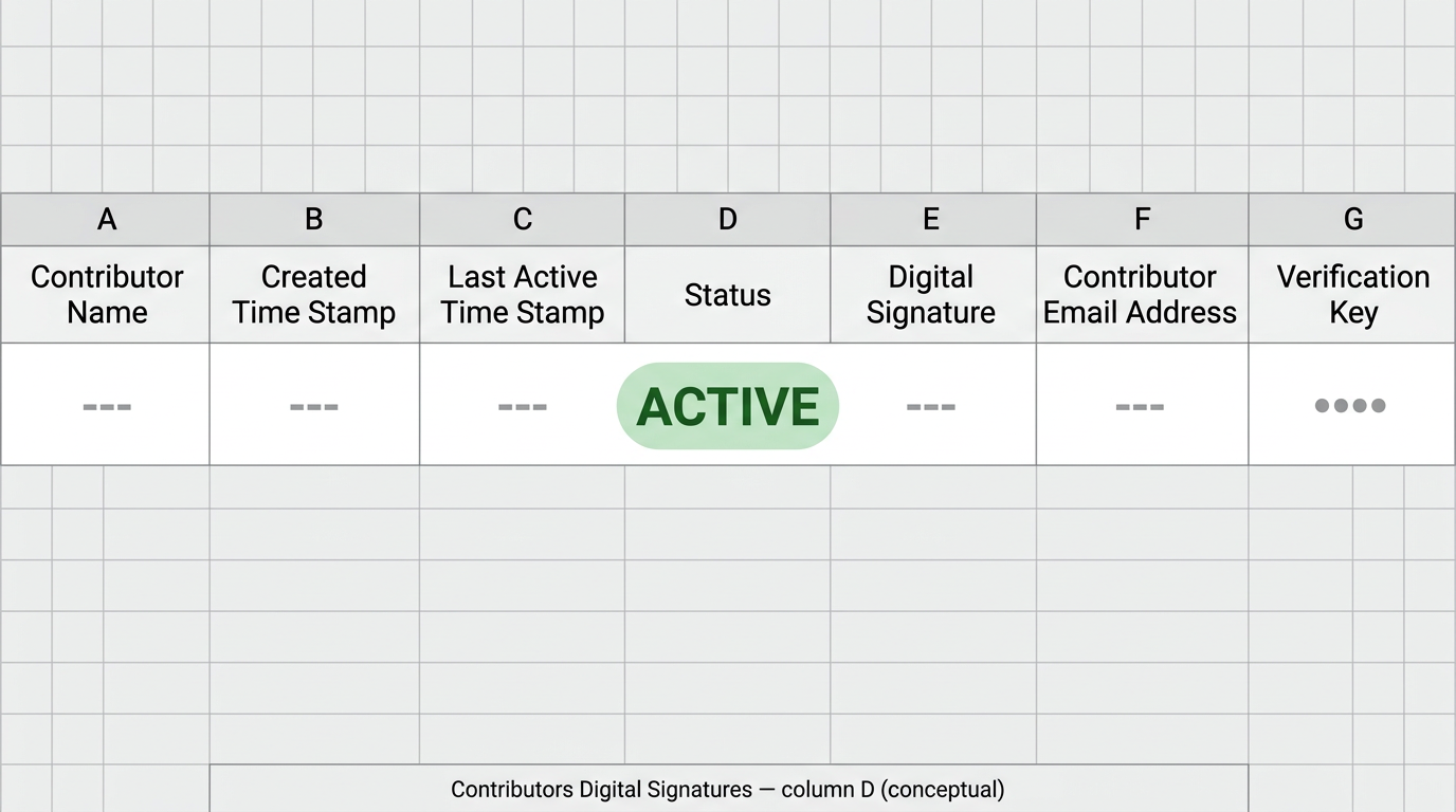Schematic spreadsheet row: Status column D shows ACTIVE (illustration, not live data)