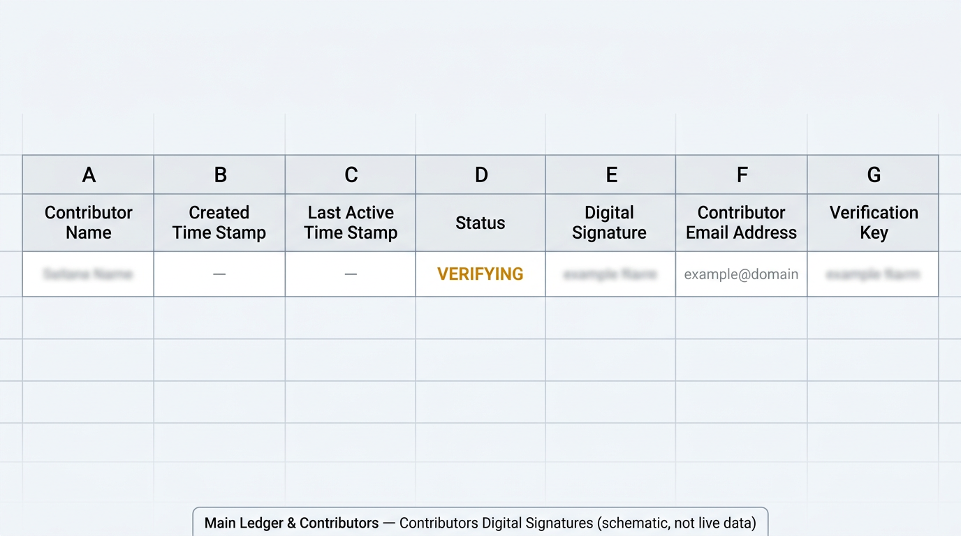 Schematic: Contributors Digital Signatures row 1 headers A through G (not live data)