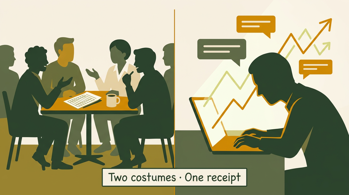 Meme-style split panel: cooperative meeting with ledger versus hype DAO charts — caption tone: two costumes, one receipt