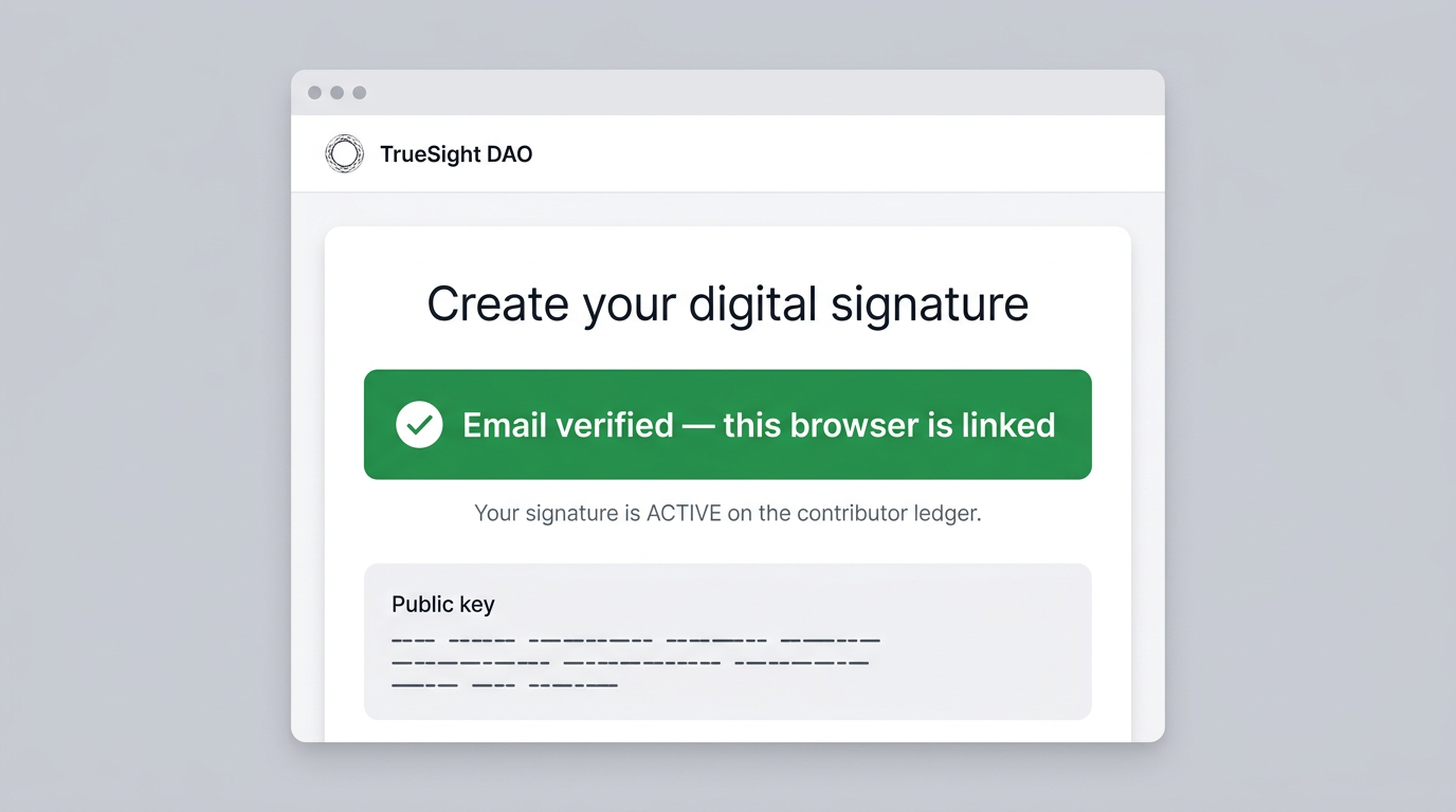 Mockup web UI: green success banner Email verified, this browser is linked, signature ACTIVE on ledger (illustration)