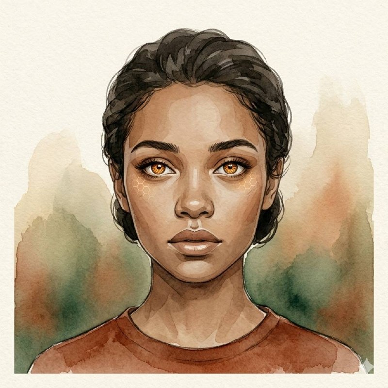 Sophia Truesight — a young woman with warm brown skin, dark hair pulled back, one eye rendered as a subtle geometric sensor with an amber glow, against an earthen-toned background